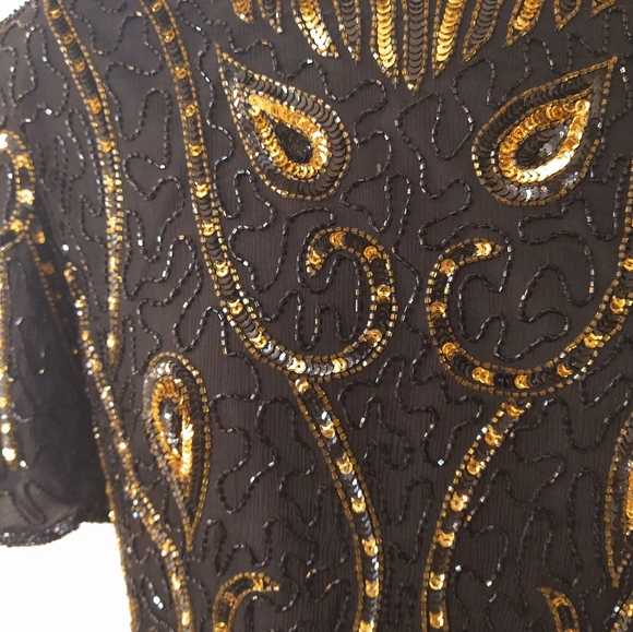 Vintage 80's Royal Feelings Silk Gold and Black Beaded and Sequin Top Larege - Picture 3 of 6